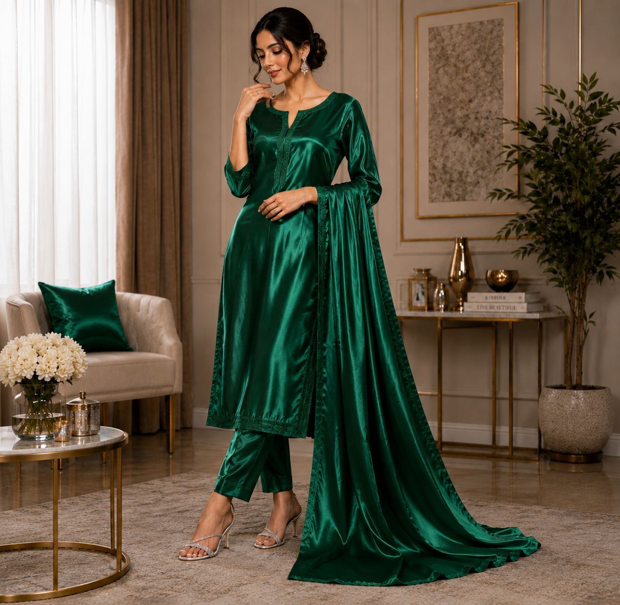 Green Satin Fabric | Premium Green Satin Material | The Fabric Touch - Image 8